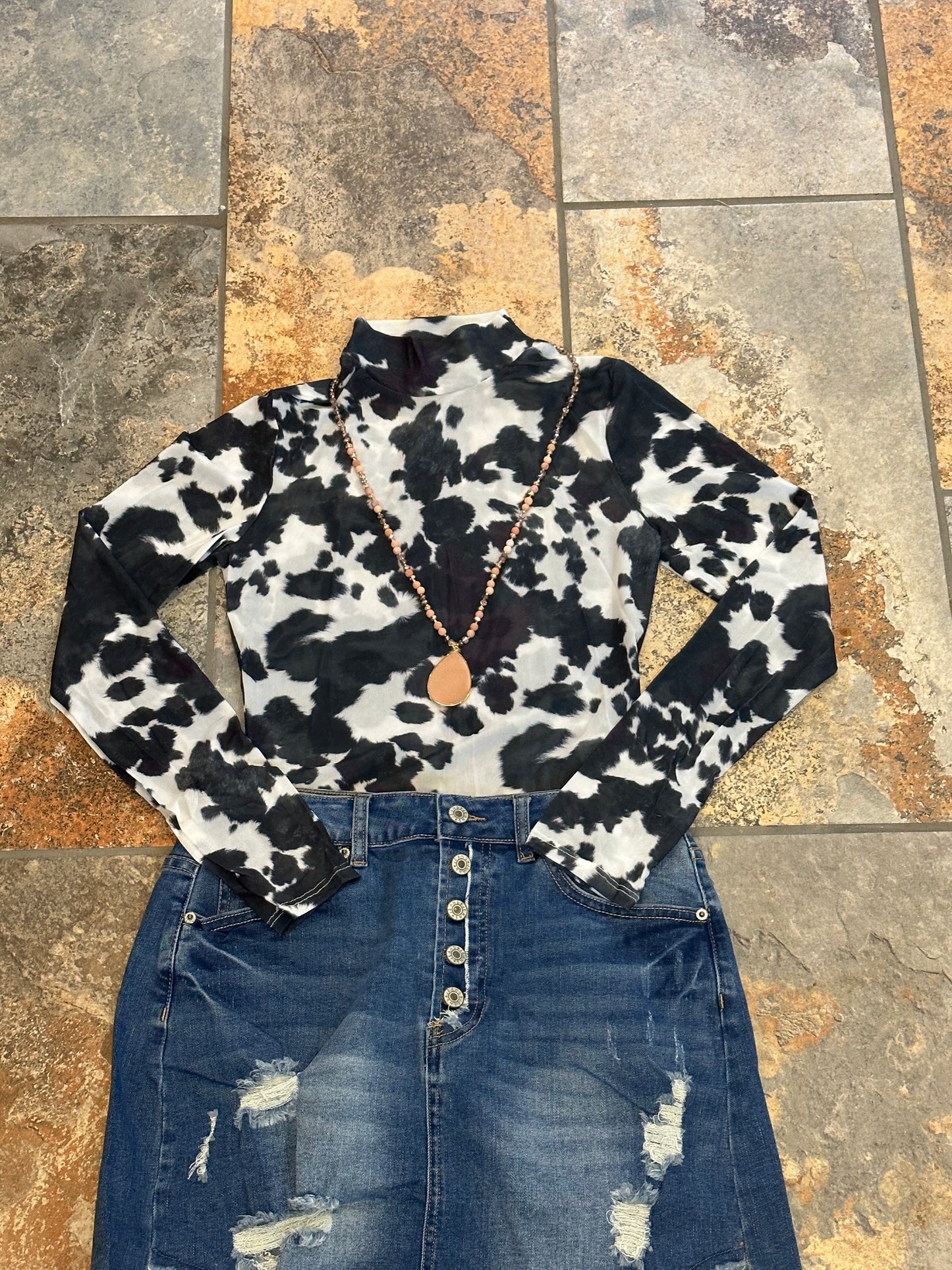 Cow Print Mesh Long Sleeve Bodysuit