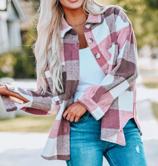 Pink Plaid Shacket with Pocket