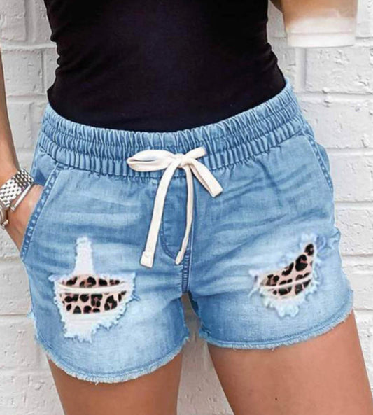 Distressed Leopard Patchwork Denim Shorts