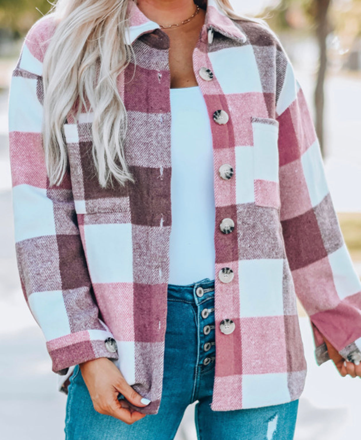 Pink Plaid Shacket with Pocket