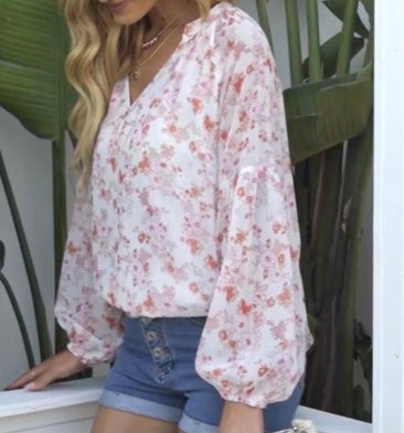 White Floral Print V Neck Shirt