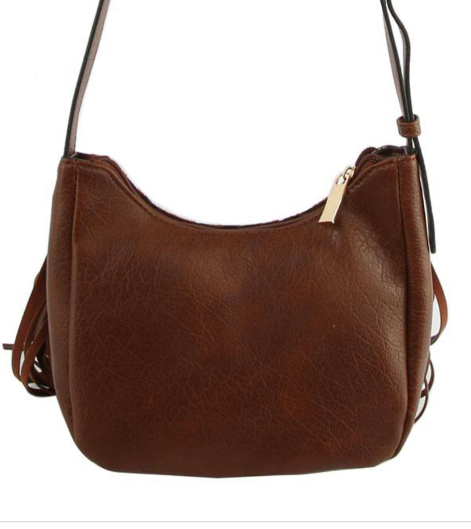 Tan Cow Print Fringe Crossbody Bag