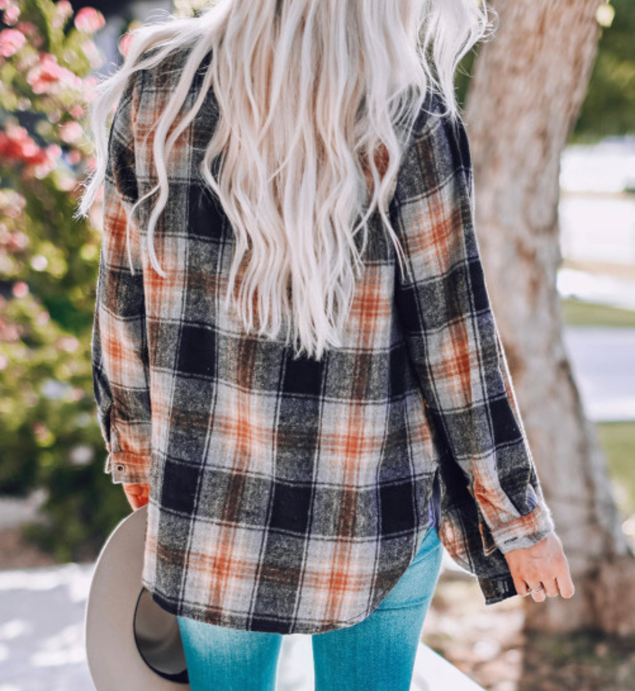 Oversized Rounded Hem Plaid Shirt with Slits