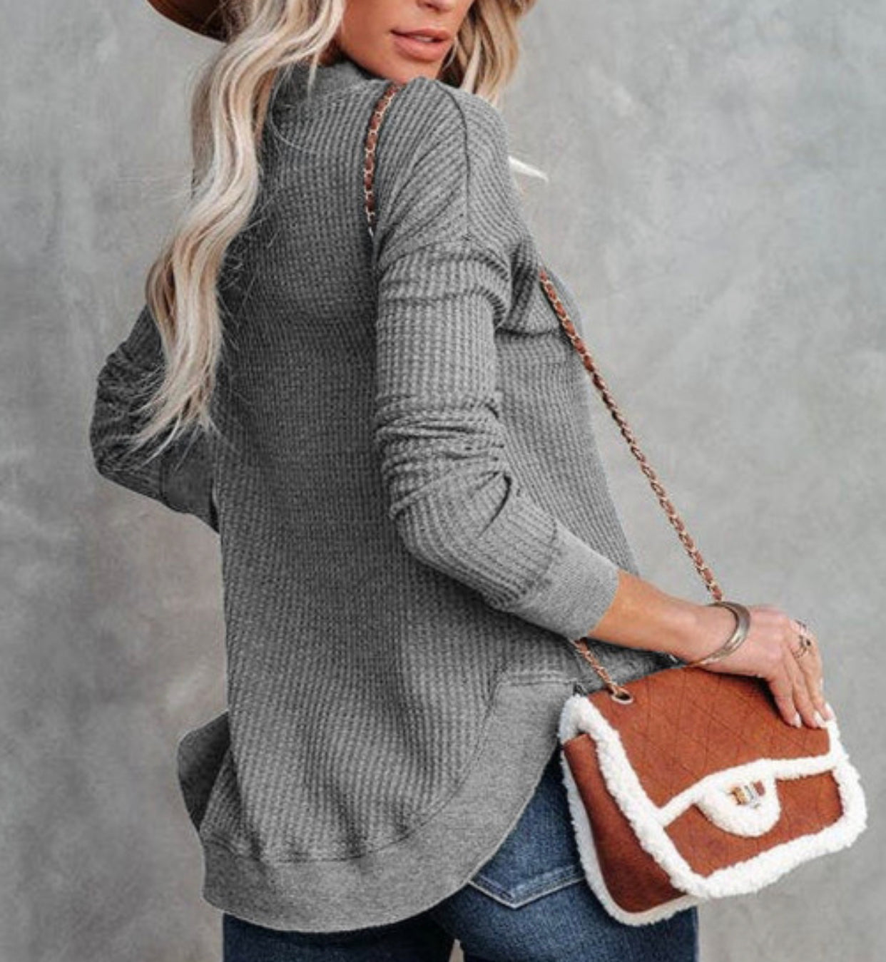 Gray Crew Neck Waffle Knit Top