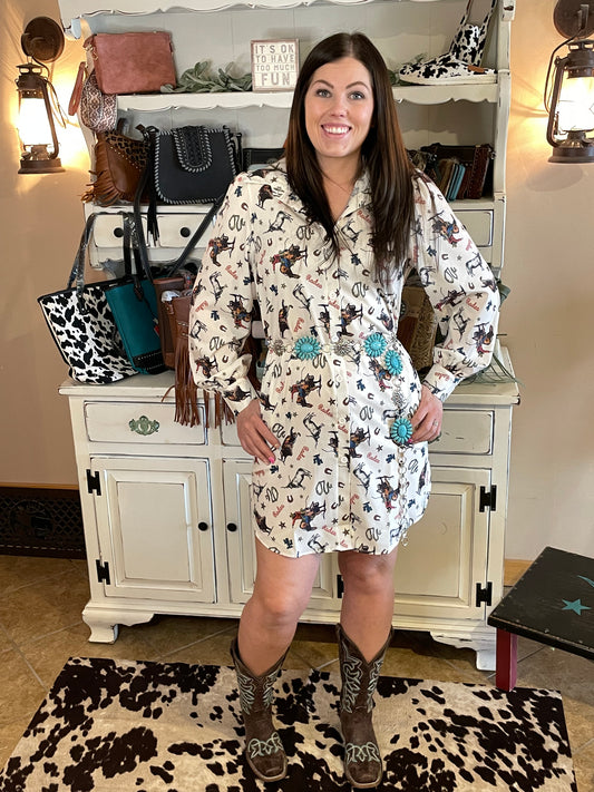 Rodeo Cow Print Collar Shirt Dress