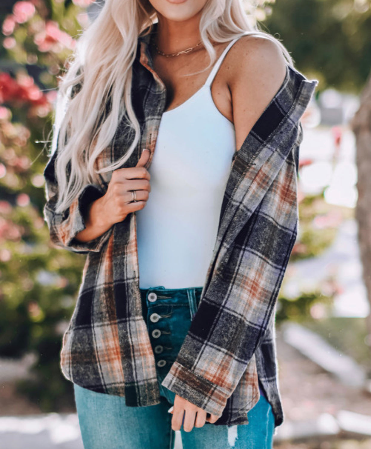 Oversized Rounded Hem Plaid Shirt with Slits