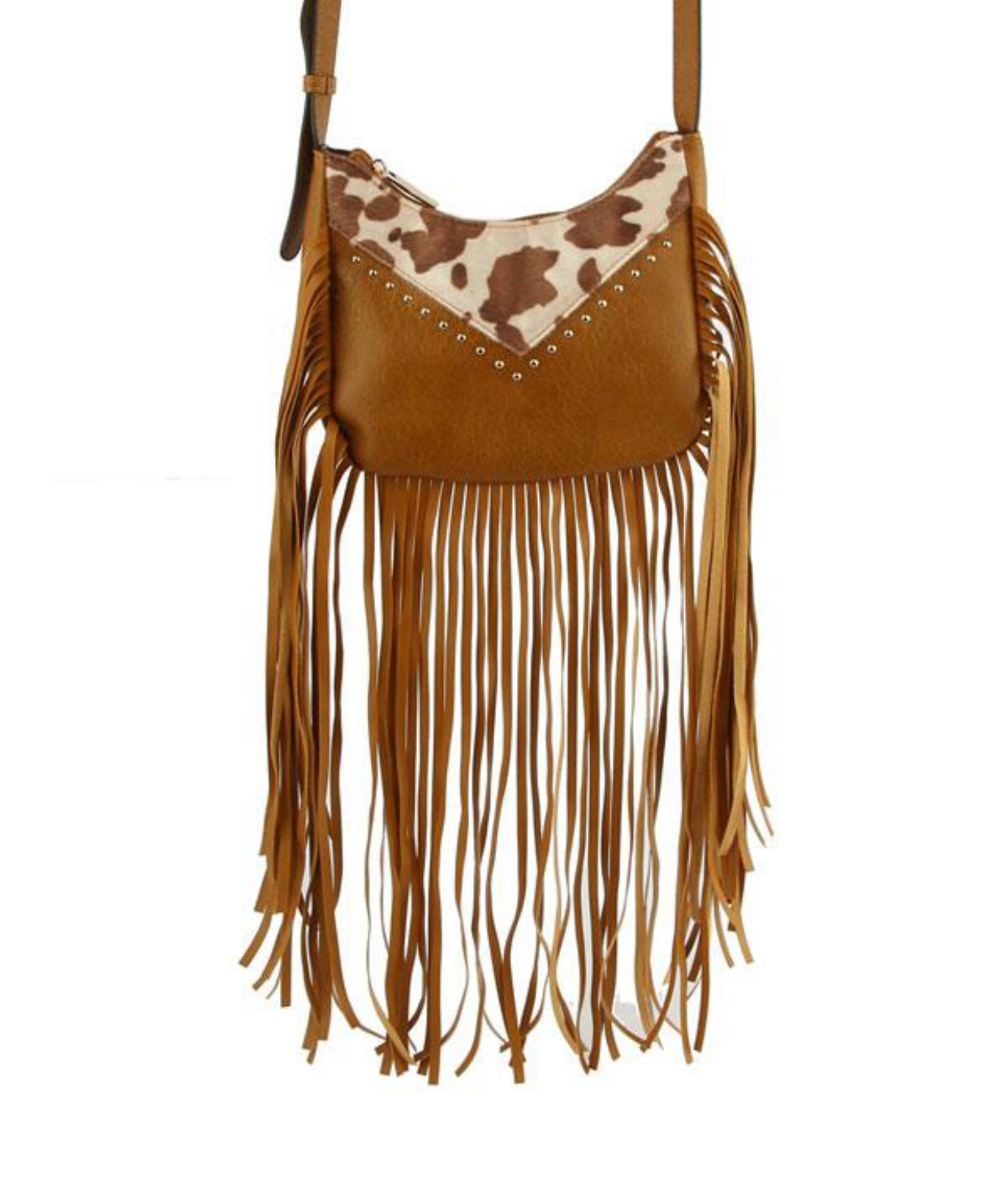 Tan Cow Print Fringe Crossbody Bag