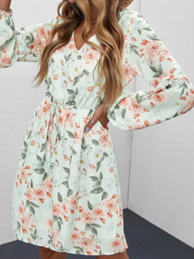 White V Neck Lantern Sleeve Elastic Waist Floral Dress