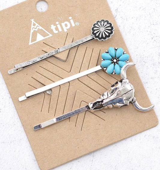 Western Bull Turquoise Bobby Pin Set