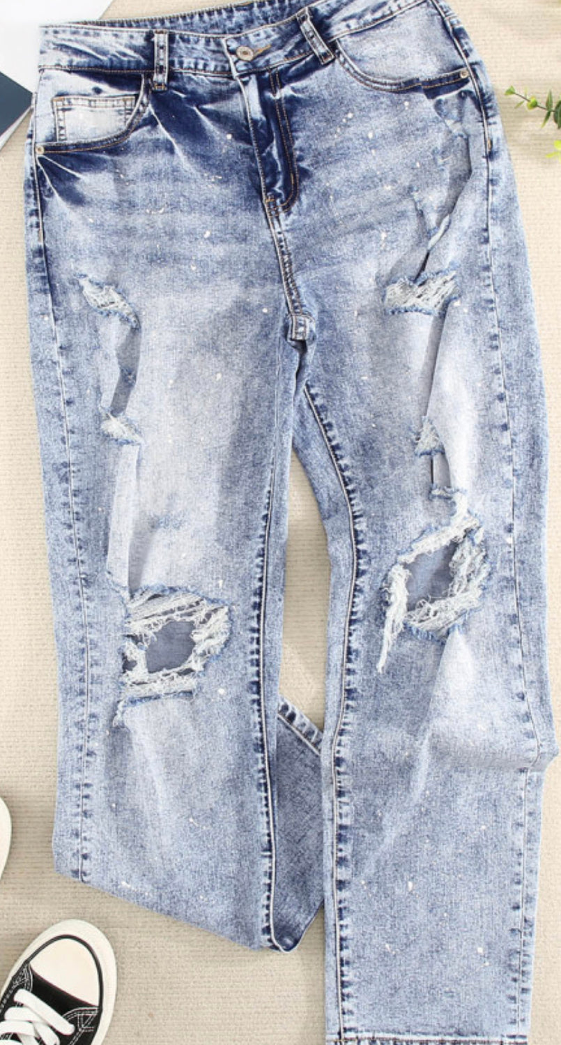 Distressed Faded Splatter Denim Pants