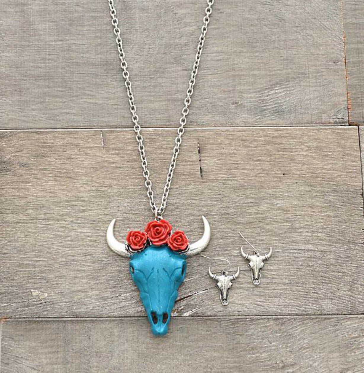 Rose Steer Head Long Necklace Set