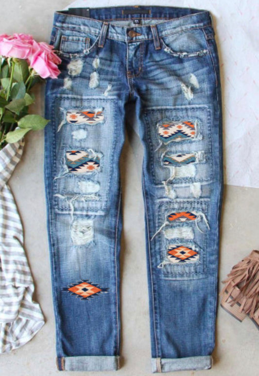 Sky Blue Western Aztec Pattern  Distressed Jeans