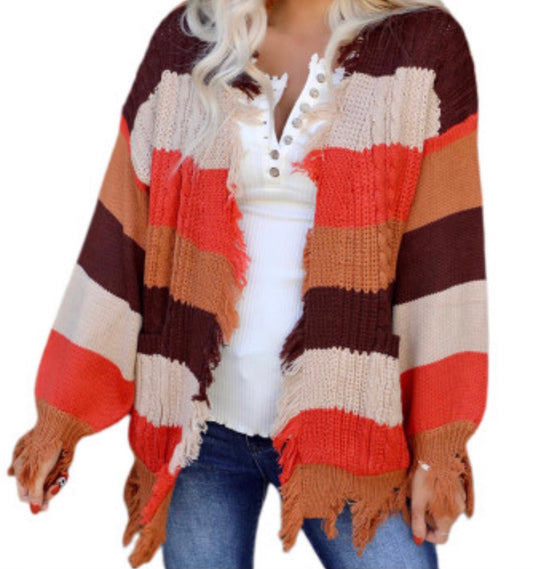 Striped Knit Frayed Hem Cardigan