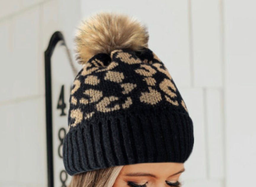 Black Leopard Pom Hat