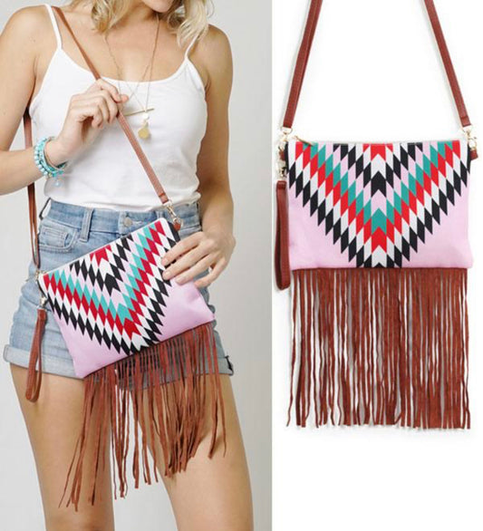 Pink Fringe Clutch Crossbody Purse