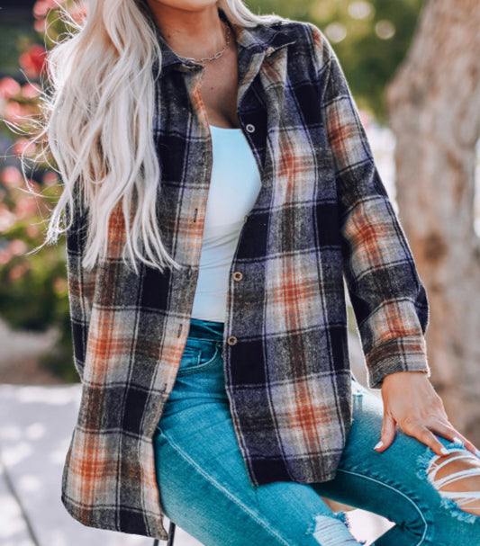 Oversized Rounded Hem Plaid Shirt with Slits