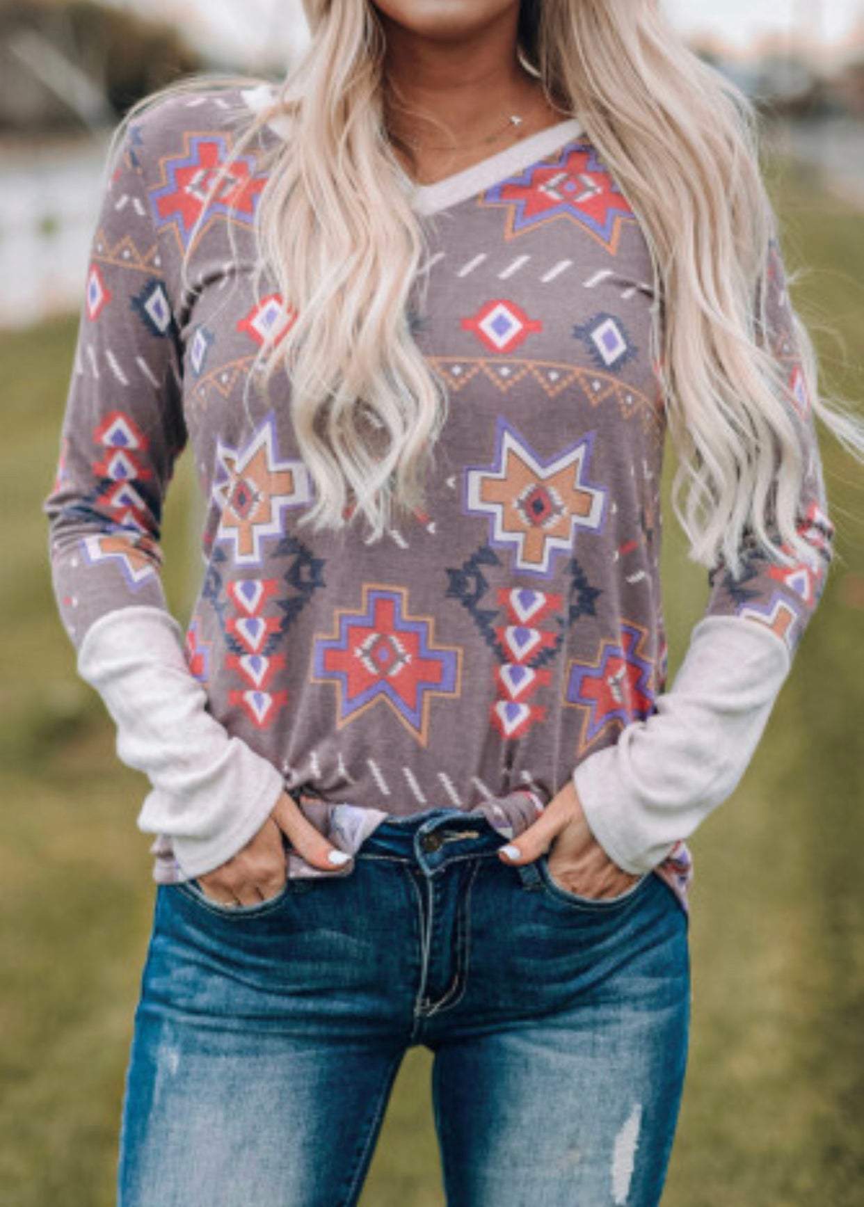 Geometric Aztec Contrast Top