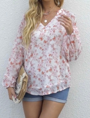 White Floral Print V Neck Shirt